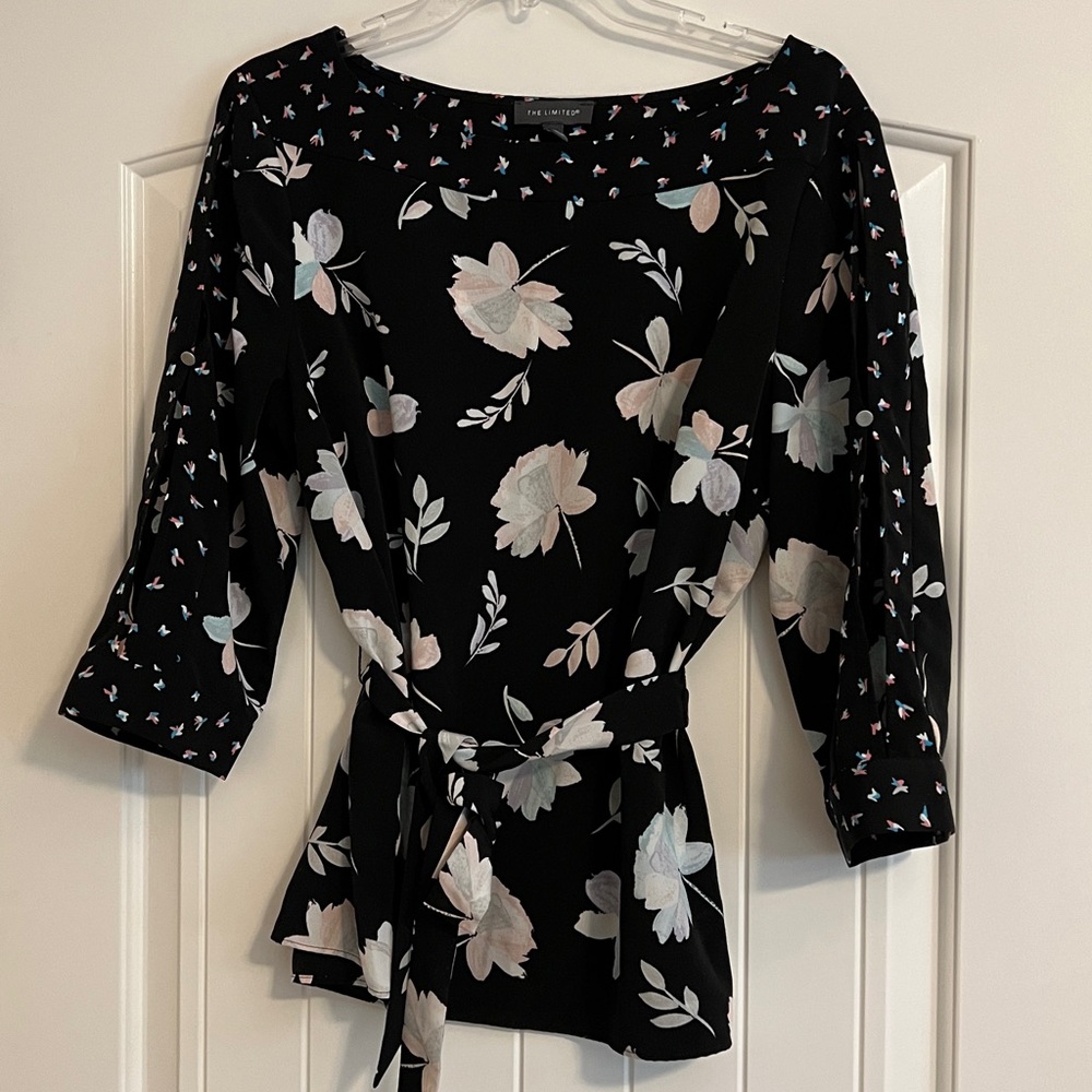 The Limited Black Floral Tie-Front Blouse with Pastel Blooms